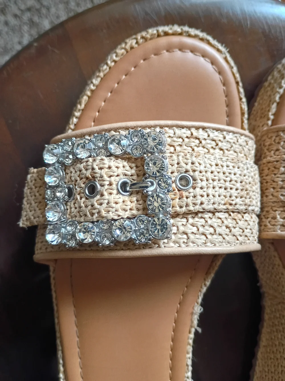 Beige Woven Platform Sandals with Rhinestone Buckle